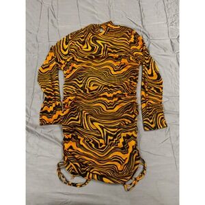 GIBIU USA Orange Black Swirl Tiger Print Mesh Ruched Mock Neck Mini Dress L